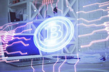 Double exposure of blockchain theme hologram and table with computer background. Concept of bitcoin...