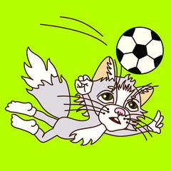 cat soccer player in the fall bounces a football ball, color vector clip art on green isolated background