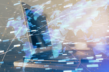 Double exposure of computer and technology theme drawing. Concept of innovation.