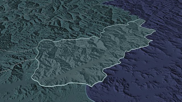 Kunar, province with its capital, zoomed and extruded on the administrative map of Afghanistan in the conformal Stereographic projection. Animation 3D