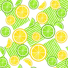 Citrus slices and green paint stripes seamless pattern