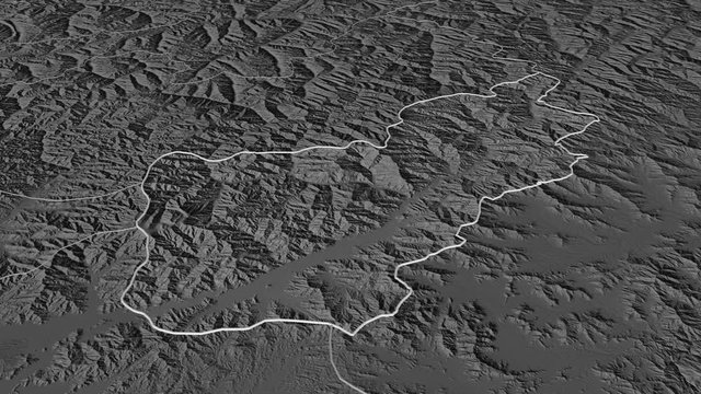 Kunar, province with its capital, zoomed and extruded on the bilevel map of Afghanistan in the conformal Stereographic projection. Animation 3D
