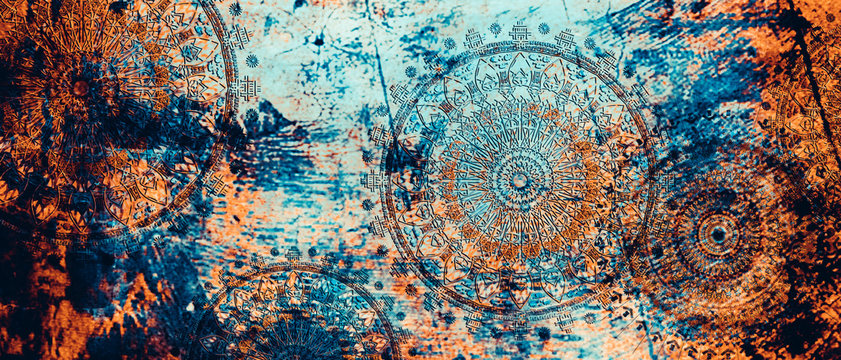 mandala colorful vintage art, ancient Indian vedic background design, old painting texture with multiple mathematical shapes © RAKR