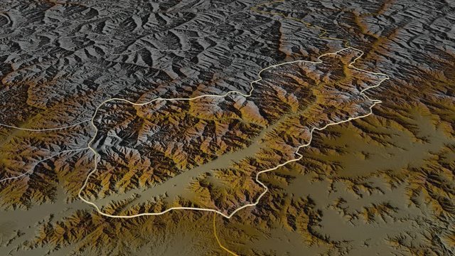 Kunar, province with its capital, zoomed and extruded on the relief map of Afghanistan in the conformal Stereographic projection. Animation 3D