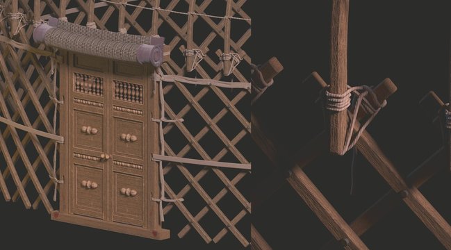 Constructive part, fragments of a yurt. Door,  yurt mount. 3d illustration.