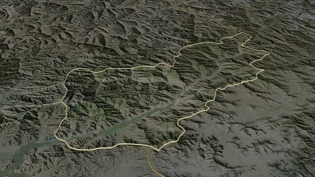 Kunar, province with its capital, zoomed and extruded on the satellite map of Afghanistan in the conformal Stereographic projection. Animation 3D