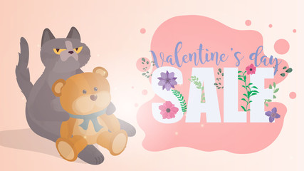 Valentine's day sale. Valentine's Day celebration. Flower font. Funny cat and teddy bear. A plush toy with a basket of flowers. Concept for the day of lovers. Vector illustration.