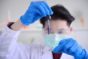 Focused young life science professional pipetting solution into the glass plate. Lens focus on his...