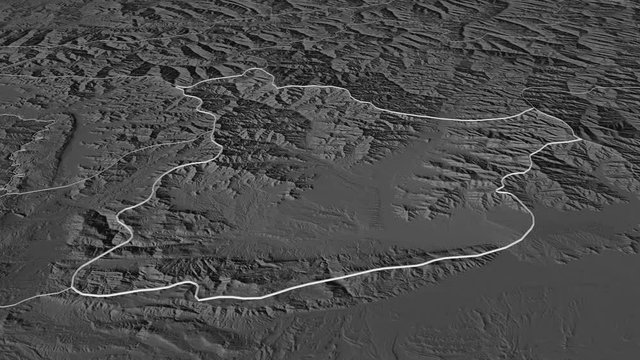 Laghman, province with its capital, zoomed and extruded on the bilevel map of Afghanistan in the conformal Stereographic projection. Animation 3D