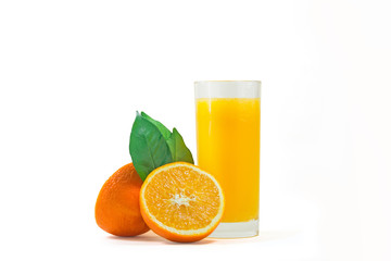 A cup of orange juice and cut orange on  white background.