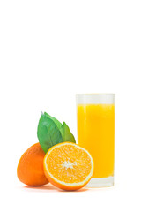 A cup of orange juice and cut orange on  white background.