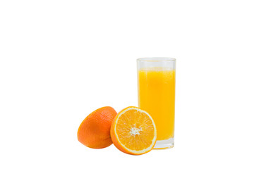 A cup of orange juice and cut orange on  white background.