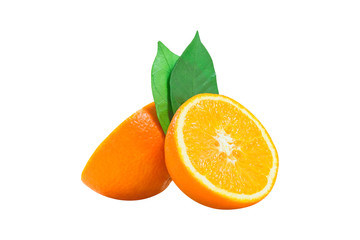 A cup of orange juice and cut orange on  white background.