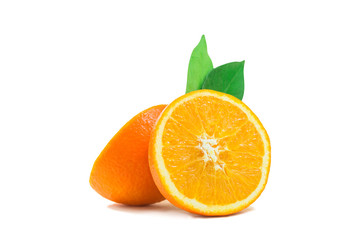 A cup of orange juice and cut orange on  white background.