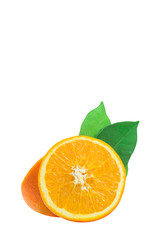 A cup of orange juice and cut orange on  white background.