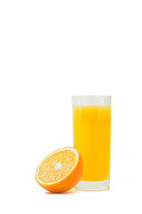 A cup of orange juice and cut orange on  white background.