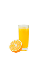 A cup of orange juice and cut orange on  white background.