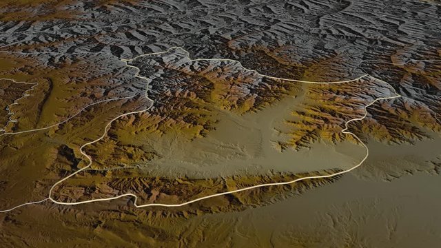 Laghman, province with its capital, zoomed and extruded on the relief map of Afghanistan in the conformal Stereographic projection. Animation 3D