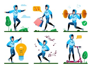 Fototapeta na wymiar Young Man Active Life and Healthy Lifestyle Activities Trendy Flat Vector Concept Set. Guy in Tracksuit Doing Fitness Exercise Outdoors, Shopping, Dancing, Riding Scooter, Generating Idea Illustration