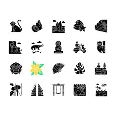 Indonesia glyph icons set. Tropical animals. Trip to Indonesian islands. Exotic culture. Unique fruits and plants. Nature and architecture wonders. Silhouette symbols. Vector isolated illustration