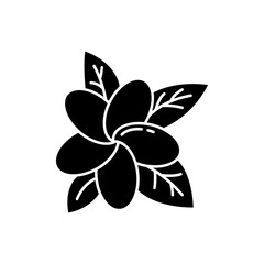Plumeria glyph icon. Exotic region flowers. Flora of Indonesian islands. Small tropical plants. Blossom of frangipani with leaves. Silhouette symbol. Negative space. Vector isolated illustration © bsd studio