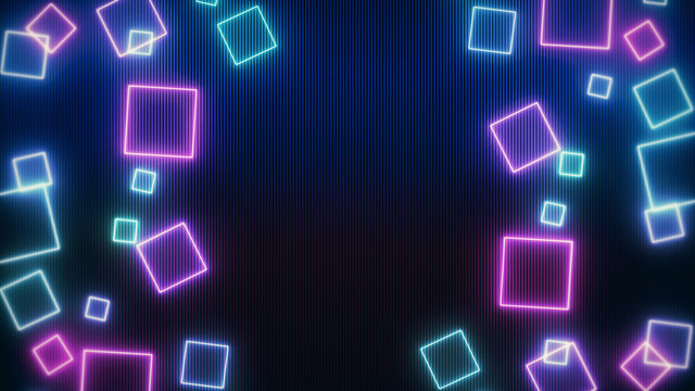 Abstract Retro Sci-Fi Neon bright lens flare colored on black background. Laser show colorful design for banners advertising technologies. Retro style of the 80s