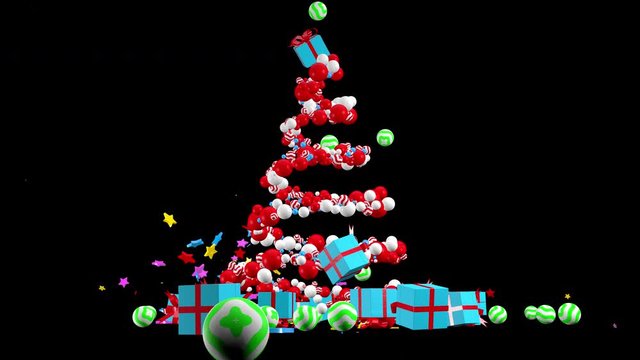 Christmas tree of gifts appearing, Merry Christmas and Happy New Year 2020 animation, 3D CGI Compositing process, 4k Ultra HD 3840x2160, RGB with Alpha matte.