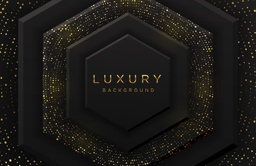 Luxury elegant 3d hexagon shape background with shimmering gold dotted pattern and lines isolated on black. Abstract realistic black papercut background. Elegant template