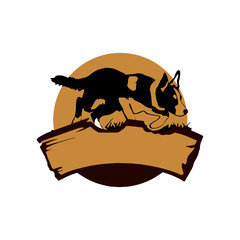 dog mascot, grass and wood vector design logo