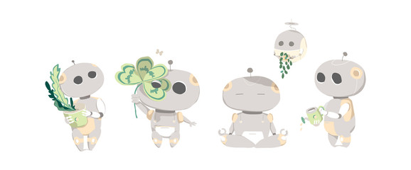Set of cute flat robots. Modern illustration. Cartoon clip art robots with plant, meditation. Android watch and take care of plants, help with flowers on white background