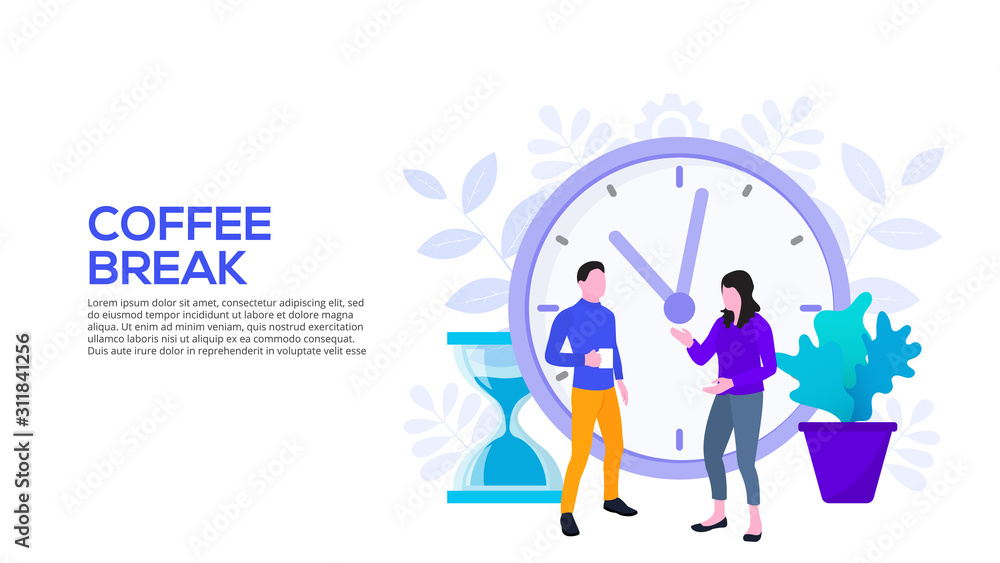 Poster Coffee break concept with people and clock. Flat vector illustration. Landing page template for web