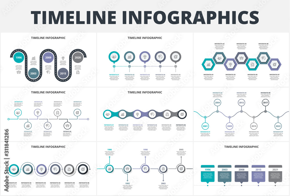 Poster Creative concept set for infographic timeline. Abstract elements of graph, diagram with 5, 6 and 7 steps, options, parts or processes. Vector business template for presentation.