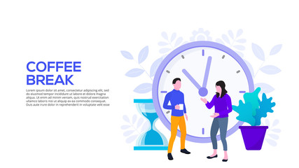 Coffee break concept with people and clock. Flat vector illustration. Landing page template for web