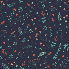 Botanical seamless pattern: herbs, leaves and flowers of simple form on a dark background. Concept of spring, summer. Cute herbs for postcards, prints. Flat. Suitable for packaging design.