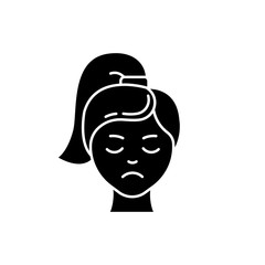 Sadness glyph icon. Unhappy expression. Low mood. Emotionally drained girl. Anxious woman. Loneliness. Depression and stress. Silhouette symbol. Negative space. Vector isolated illustration