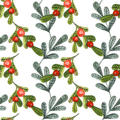 Watercolor seamless pattern with fir tree branches with red balls