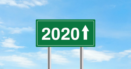 Happy new year 2020. Road sign concept. sky background with space for text writing.