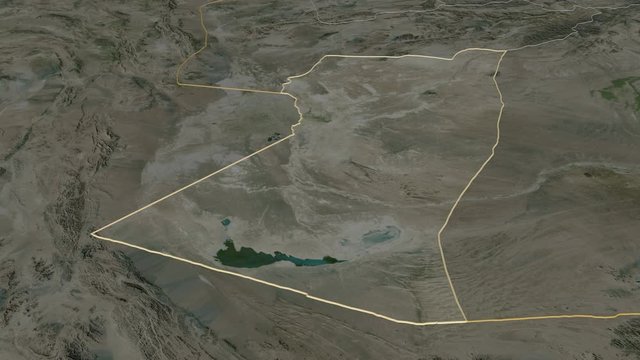 Nimruz, province with its capital, zoomed and extruded on the satellite map of Afghanistan in the conformal Stereographic projection. Animation 3D