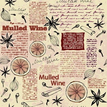 Seamless pattern with sketches of spices. Mulled wine pattern. Vector image.
