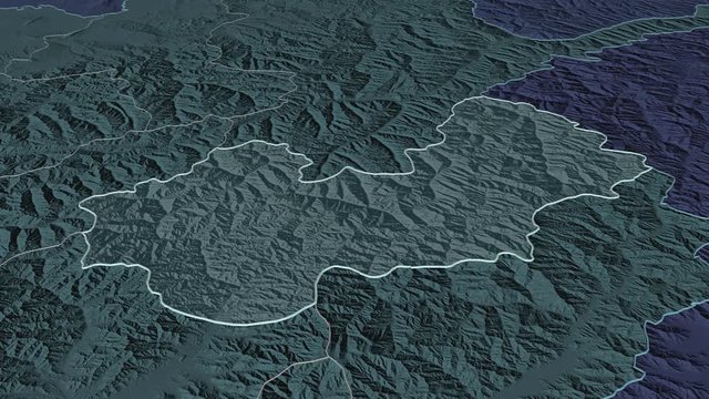 Nuristan, province with its capital, zoomed and extruded on the administrative map of Afghanistan in the conformal Stereographic projection. Animation 3D