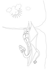 Coloring book for kids dragon on tree. Sun and clouds. Branch. 3D illustration creature for children education.