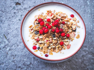 Bowl with yoghurt, muesli granola and lingonberries on gray rough stone texture background. Healthy lifestyle breakfast