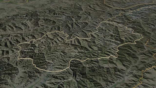 Nuristan, province with its capital, zoomed and extruded on the satellite map of Afghanistan in the conformal Stereographic projection. Animation 3D
