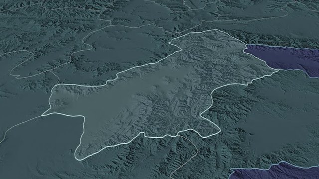 Paktia, province with its capital, zoomed and extruded on the administrative map of Afghanistan in the conformal Stereographic projection. Animation 3D