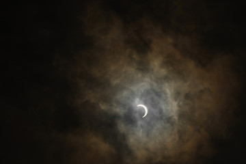Obraz na płótnie Canvas An annular solar eclipse occurred on December 26, 2019. A solar eclipse occurs when the Moon passes between Earth and the Sun, thereby totally or partly obscuring the Sun for a viewer on Earth.