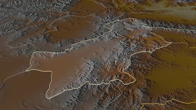 Paktia, province with its capital, zoomed and extruded on the relief map of Afghanistan in the conformal Stereographic projection. Animation 3D