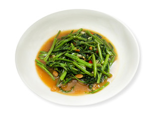 Stir Fry Water Spinach or  Stir-Fried Swamp Cabbage with Salted Soya Bean on a white background,with clipping path