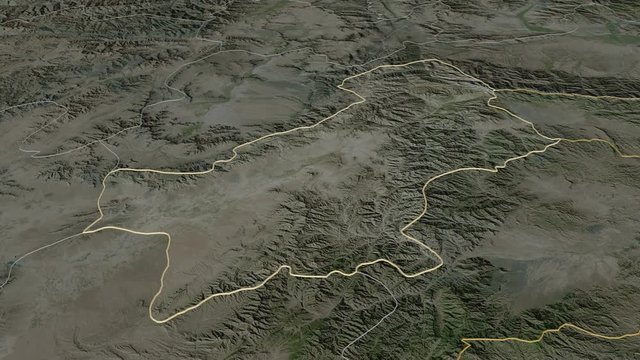 Paktia, province with its capital, zoomed and extruded on the satellite map of Afghanistan in the conformal Stereographic projection. Animation 3D