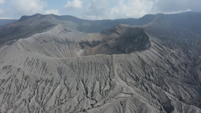 Aerial drone view of the active caldera of the Mount Bromo volcano complex in Java, Indonesia