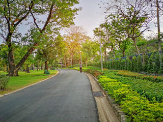 A black asfalt concrete jogging track in a public park, a man walking on curve shape walkway under evergreen leaves trees ,sunshine morning and blue sky, in a good care maintenance garden